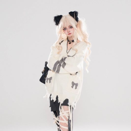 Sweet Cool Girl Style Hello Kitty Embroidered Irregular Sweater