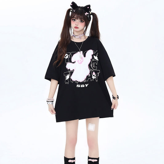 Sweet Cool Girly Style Flocked Little Ghost Embroidered T-shirt