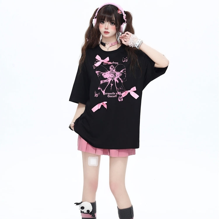 Sweet Cool Girly Style Three-Dimensional Bow Round Neck T-shirt