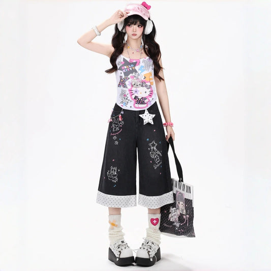 Sweet Cool Rabbit Embroidered Denim Culottes