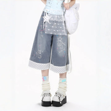 Sweet Cool Rabbit Embroidered Denim Culottes