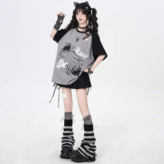 Sweet Cool Style Angel Kitten Print Loose T-shirt