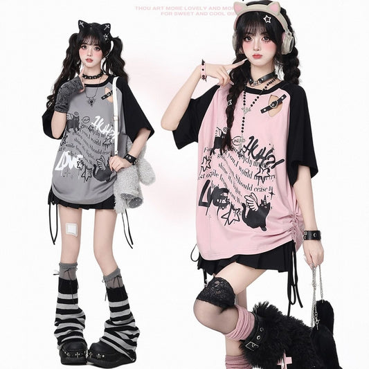 Sweet Cool Style Angel Kitten Print Loose T-shirt