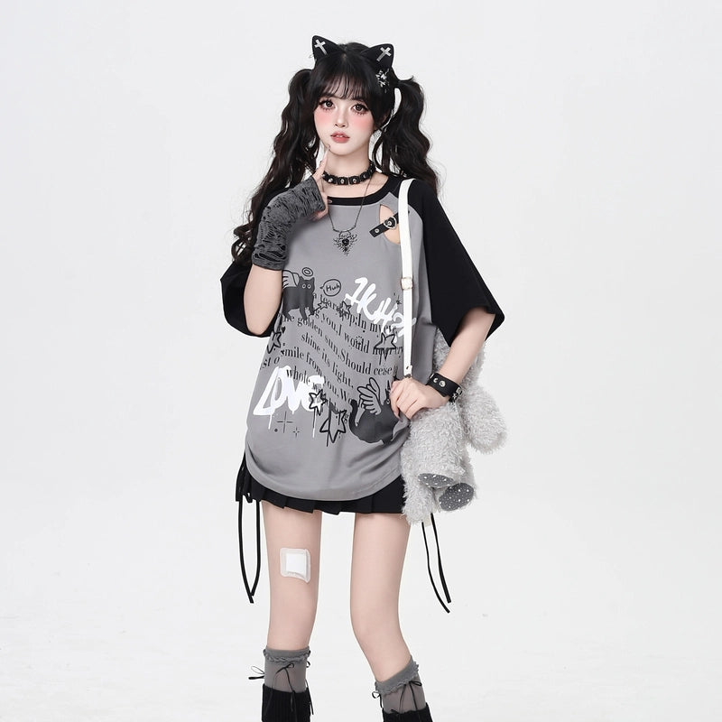 Sweet Cool Style Angel Kitten Print Loose T-shirt