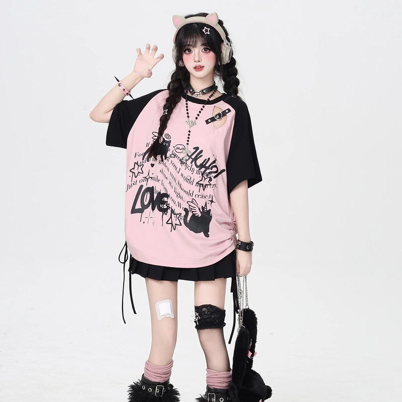 Sweet Cool Style Angel Kitten Print Loose T-shirt