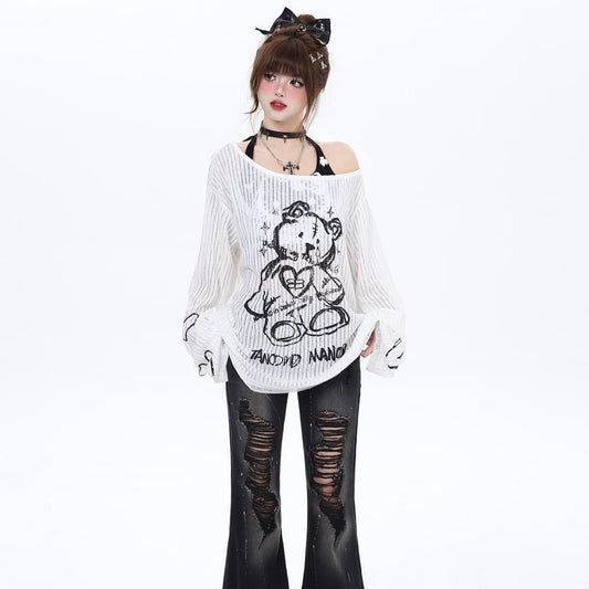 Sweet Cool Style Bear Print Off-Shoulder T-shirt