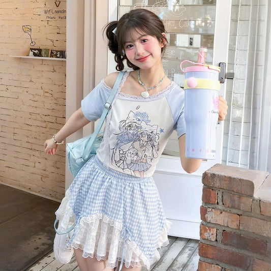 Sweet Cool Style Cartoon Girl Printed Off-shoulder T-shirt