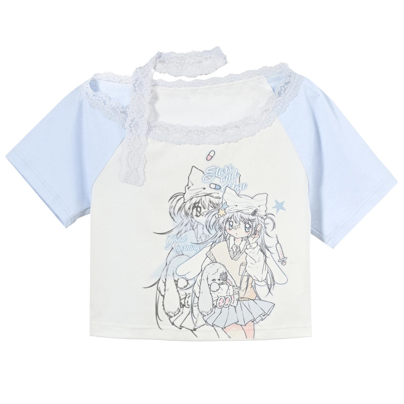 Sweet Cool Style Cartoon Girl Printed Off-shoulder T-shirt