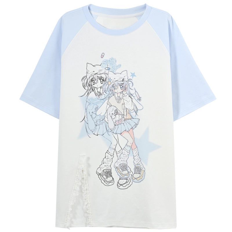 Sweet Cool Style Cartoon Girl Printed Off-shoulder T-shirt