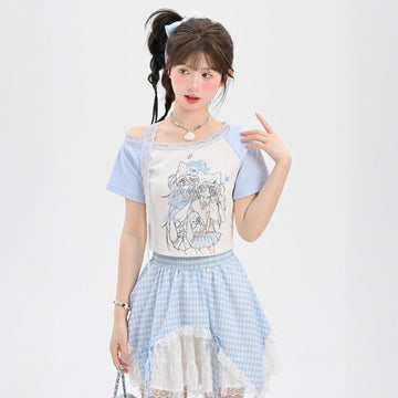 Sweet Cool Style Cartoon Girl Printed Off-shoulder T-shirt