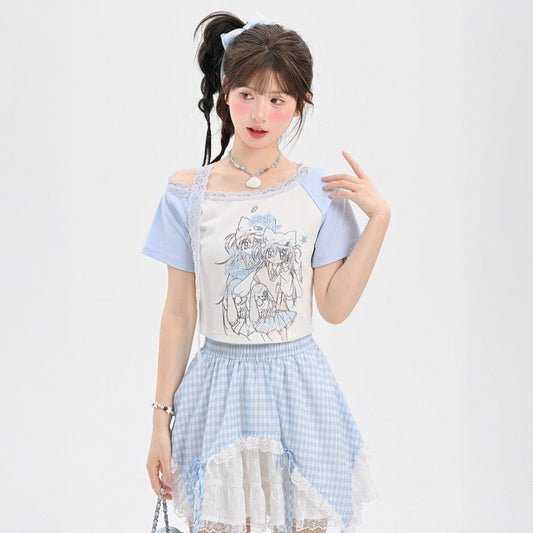 Sweet Cool Style Cartoon Girl Printed Off-shoulder T-shirt