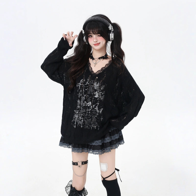 Sweet Cool Style Graffiti V-Neck Sweater