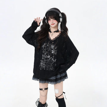 Sweet Cool Style Graffiti V-Neck Sweater