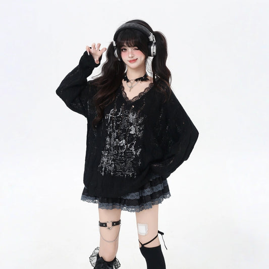 Sweet Cool Style Graffiti V-Neck Sweater