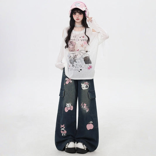 Sweet Cool Style Hello Kitty Embroidered Wide-leg Jeans