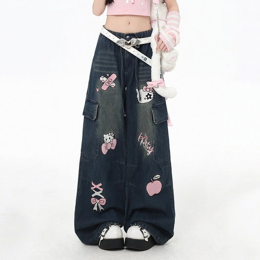 Sweet Cool Style Hello Kitty Embroidered Wide-leg Jeans