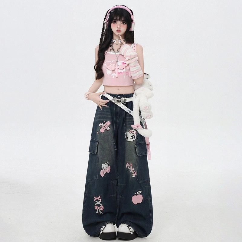 Sweet Cool Style Hello Kitty Embroidered Wide-leg Jeans