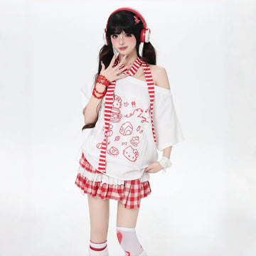 Sweet Cool Style Hello Kitty Print T-Shirt With Scarf