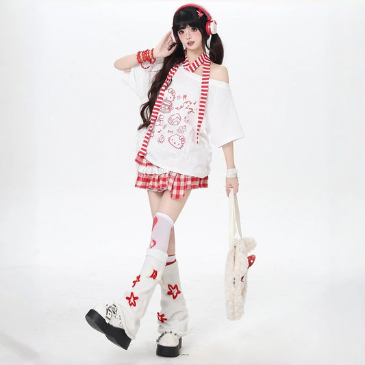 Sweet Cool Style Hello Kitty Print T-Shirt With Scarf