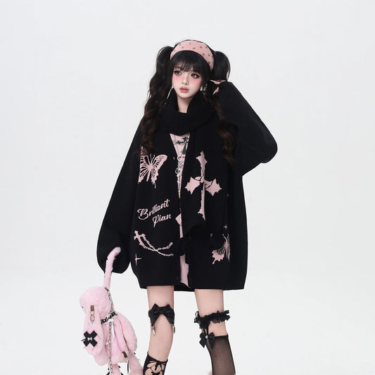 Sweet Cool Style V-Neck Butterfly Embroidered Cardigan Sweater