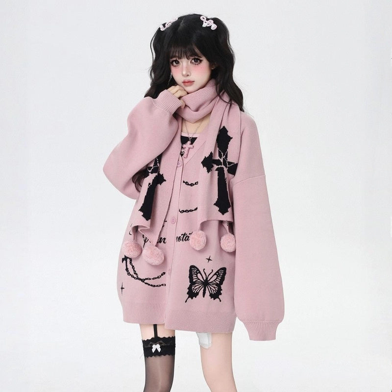Sweet Cool Style V-Neck Butterfly Embroidered Cardigan Sweater