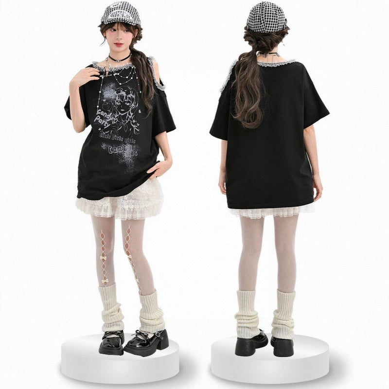Sweet Cool Y2K Style Off-Shoulder Loose T-shirt