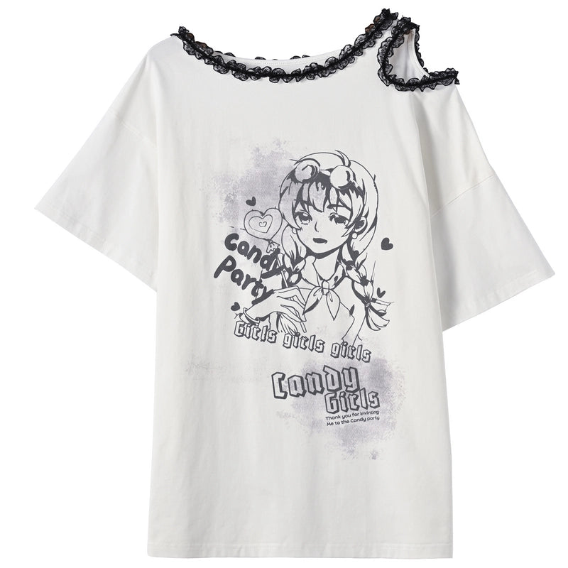 Sweet Cool Y2K Style Off-Shoulder Loose T-shirt