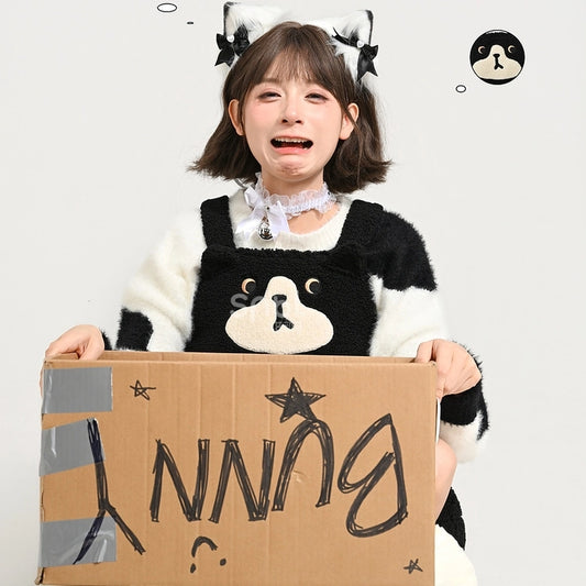 Sweet Cute Black Cartoon Cat Embroidered Overalls