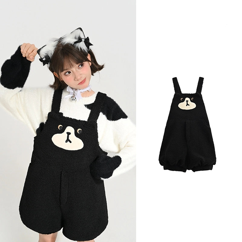 Sweet Cute Black Cartoon Cat Embroidered Overalls