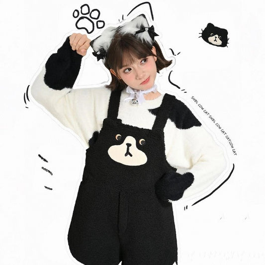 Sweet Cute Black Cartoon Cat Embroidered Overalls