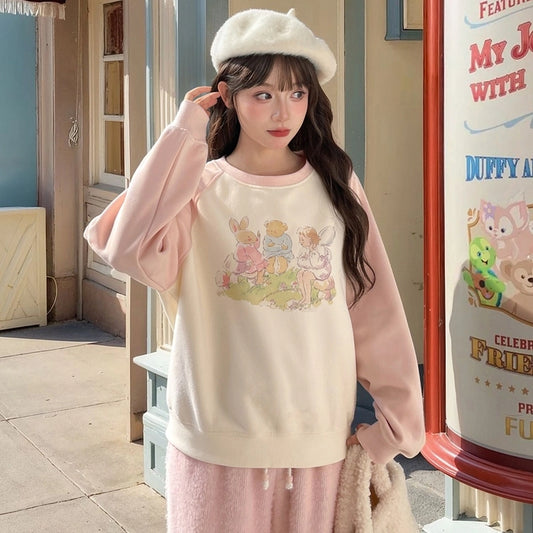 Sweet Cute Cartoon Print Round Neck Sweatshirt