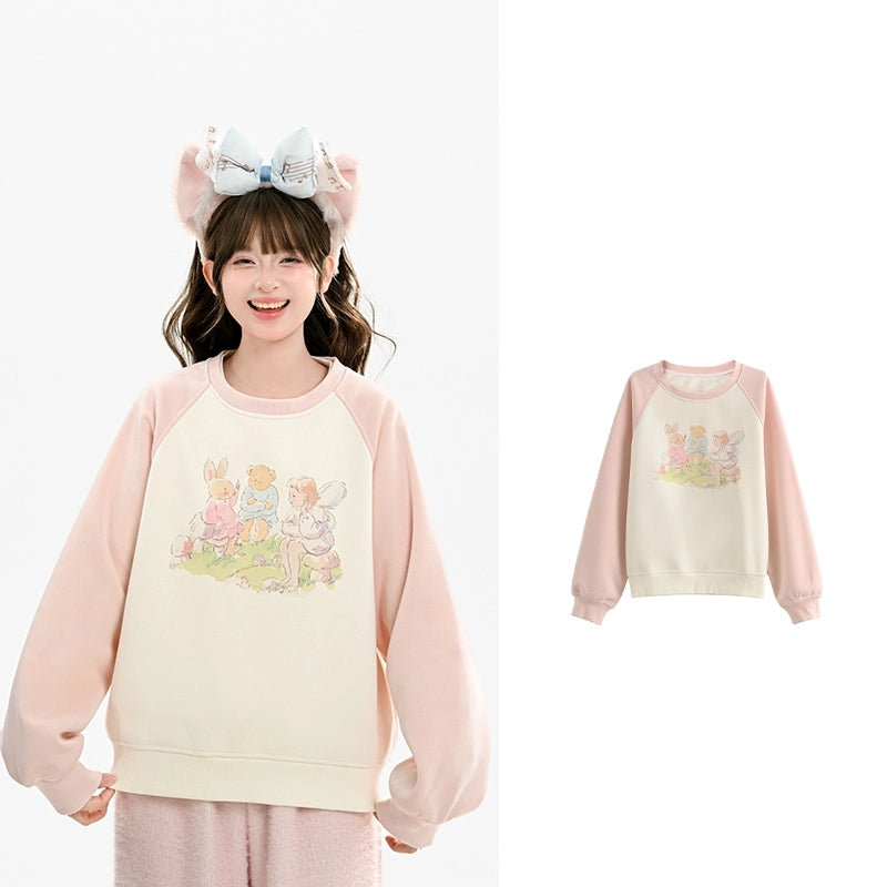 Sweet Cute Cartoon Print Round Neck Sweatshirt