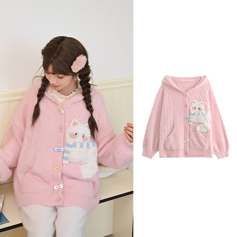 Sweet Cute Cat Embroidered Hooded Sweater