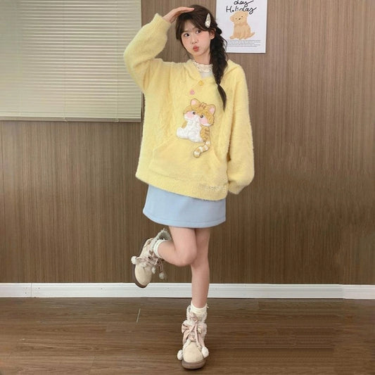 Sweet Cute Cat Embroidered Hooded Sweater