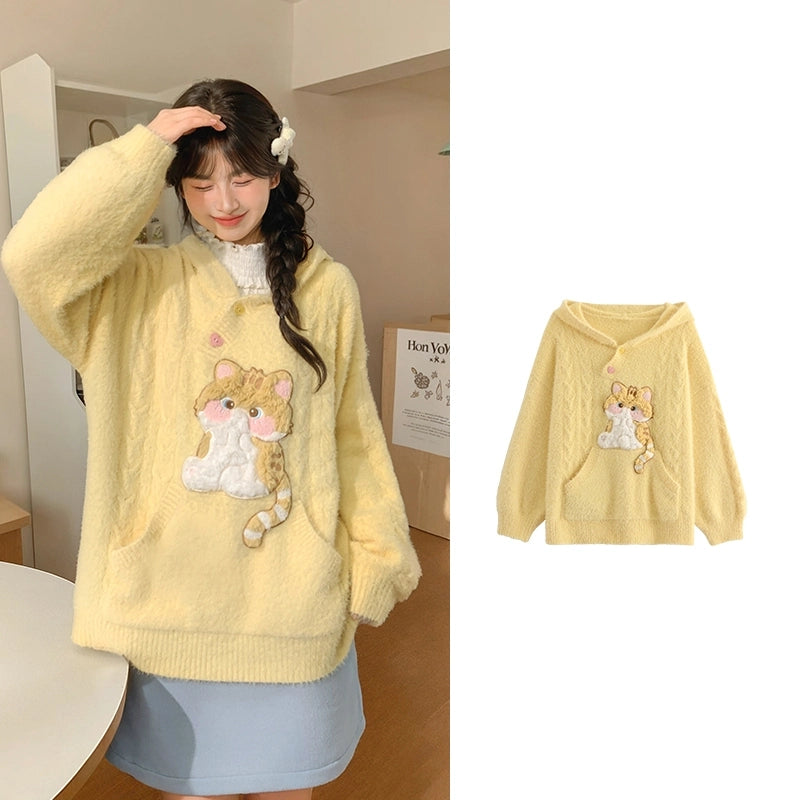Sweet Cute Cat Embroidered Hooded Sweater