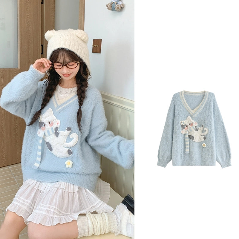 Sweet Cute Cat Embroidered Hooded Sweater