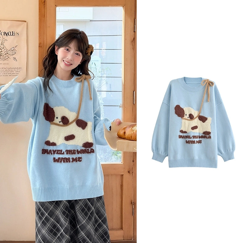 Sweet Cute Puppy Embroidered Round Neck Sweater