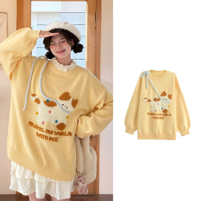 Sweet Cute Puppy Embroidered Round Neck Sweater