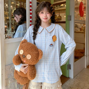 Sweet Cute Style Cat Embroidery Plaid Blouse
