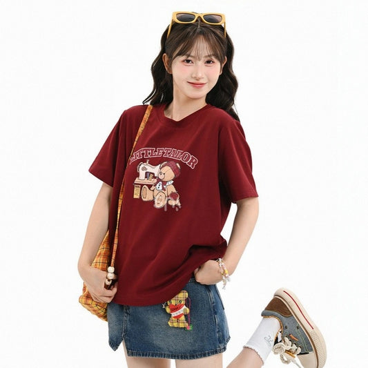 Sweet Cute Style Red Cartoon Bear Print T-shirt