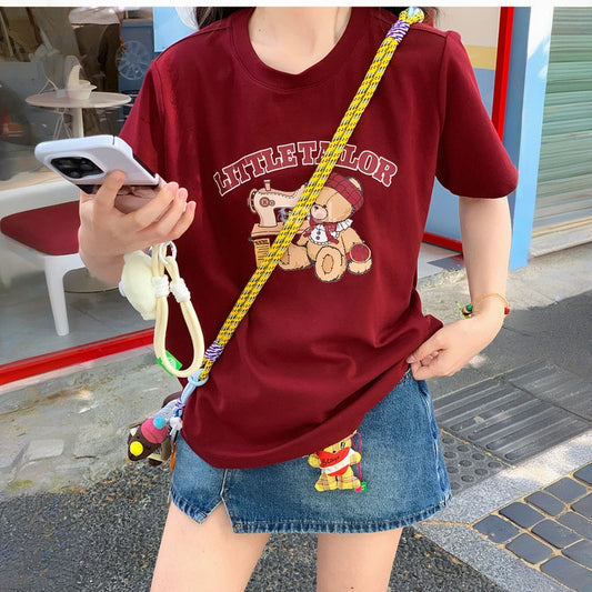 Sweet Cute Style Red Cartoon Bear Print T-shirt