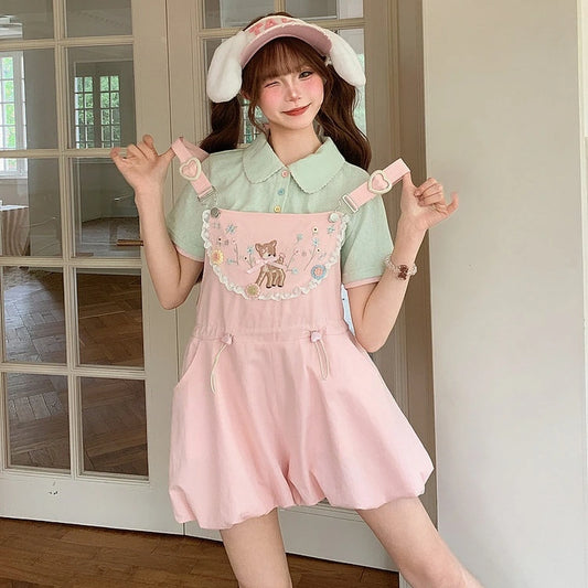 Sweet Deer Embroidered Lace Overall Shorts