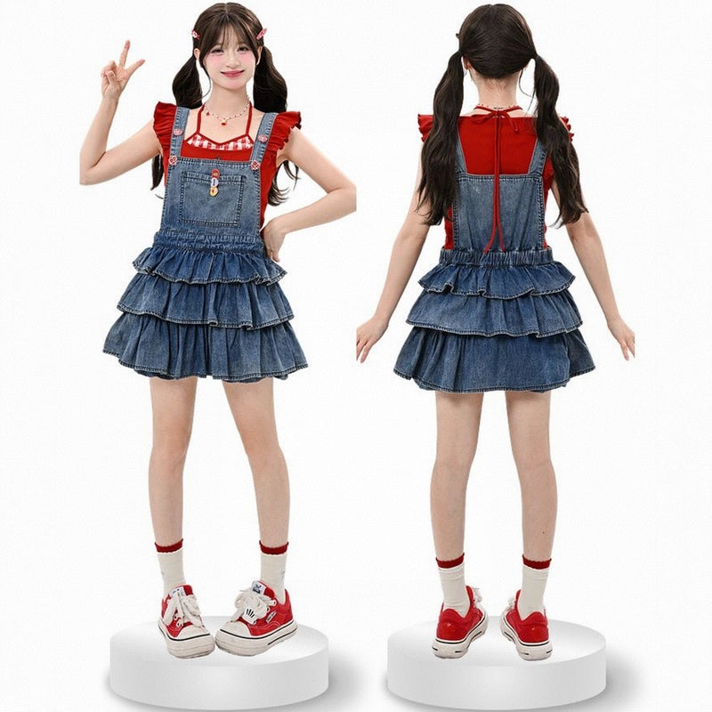 Sweet Dopamine Style Blue Retro Denim Cake Skirt