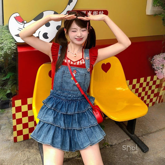 Sweet Dopamine Style Blue Retro Denim Cake Skirt