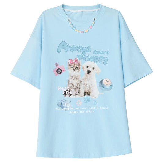 Sweet Dopamine Style Cartoon Angel Puppy Print T-shirt