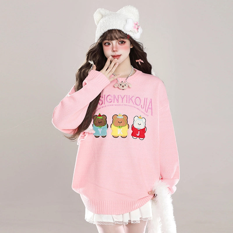 Sweet Dopamine Style Cartoon Bear Embroidered Sweater