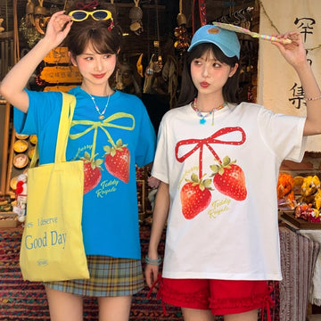 Sweet Dopamine Style Strawberry Print T-Shirt