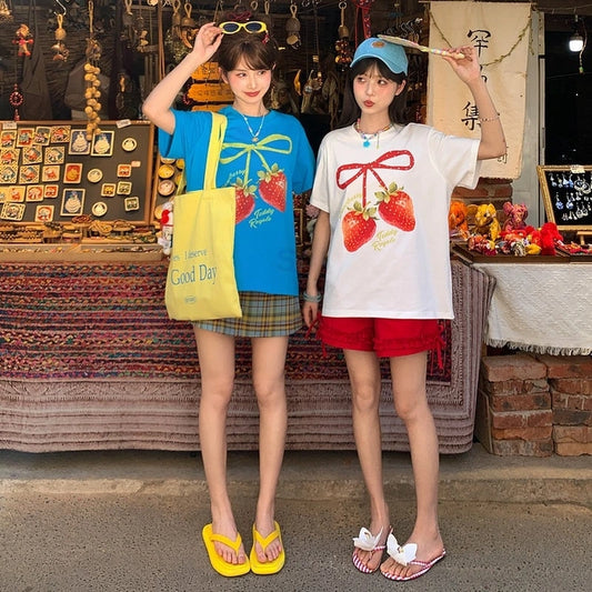 Sweet Dopamine Style Strawberry Print T-Shirt