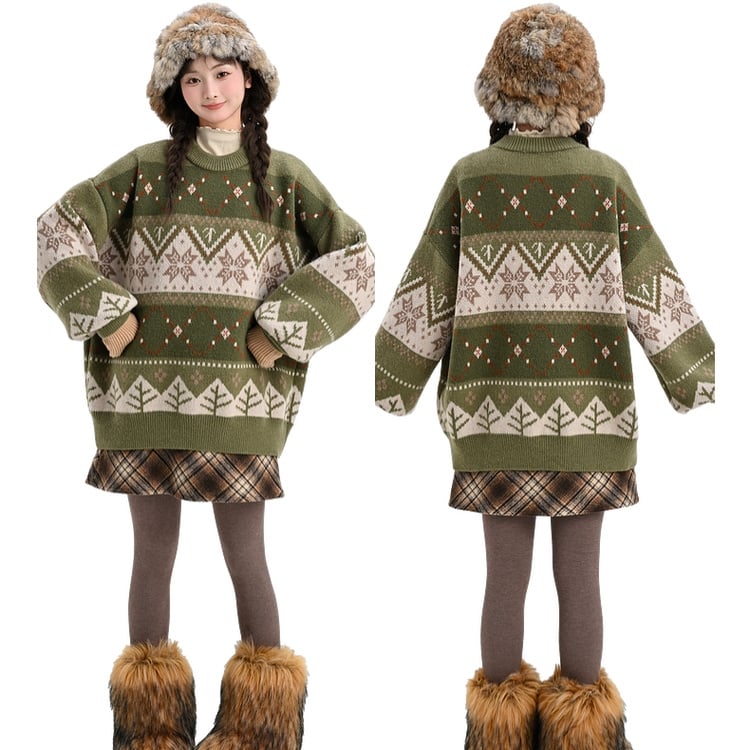 Sweet Fair Isle Style Green Colorblocked Round Neck Sweater