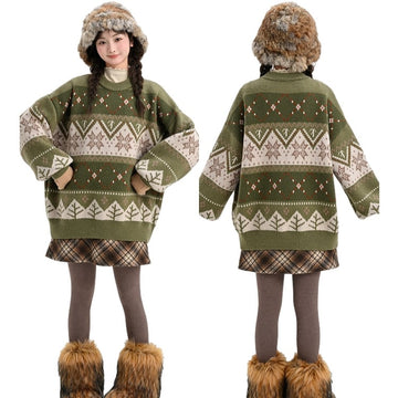 Sweet Fair Isle Style Green Colorblocked Round Neck Sweater